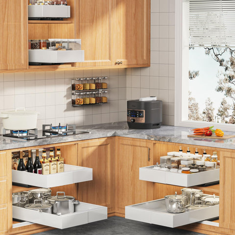 Seinloes roll-out shelves organize pots and bakeware for quick access.