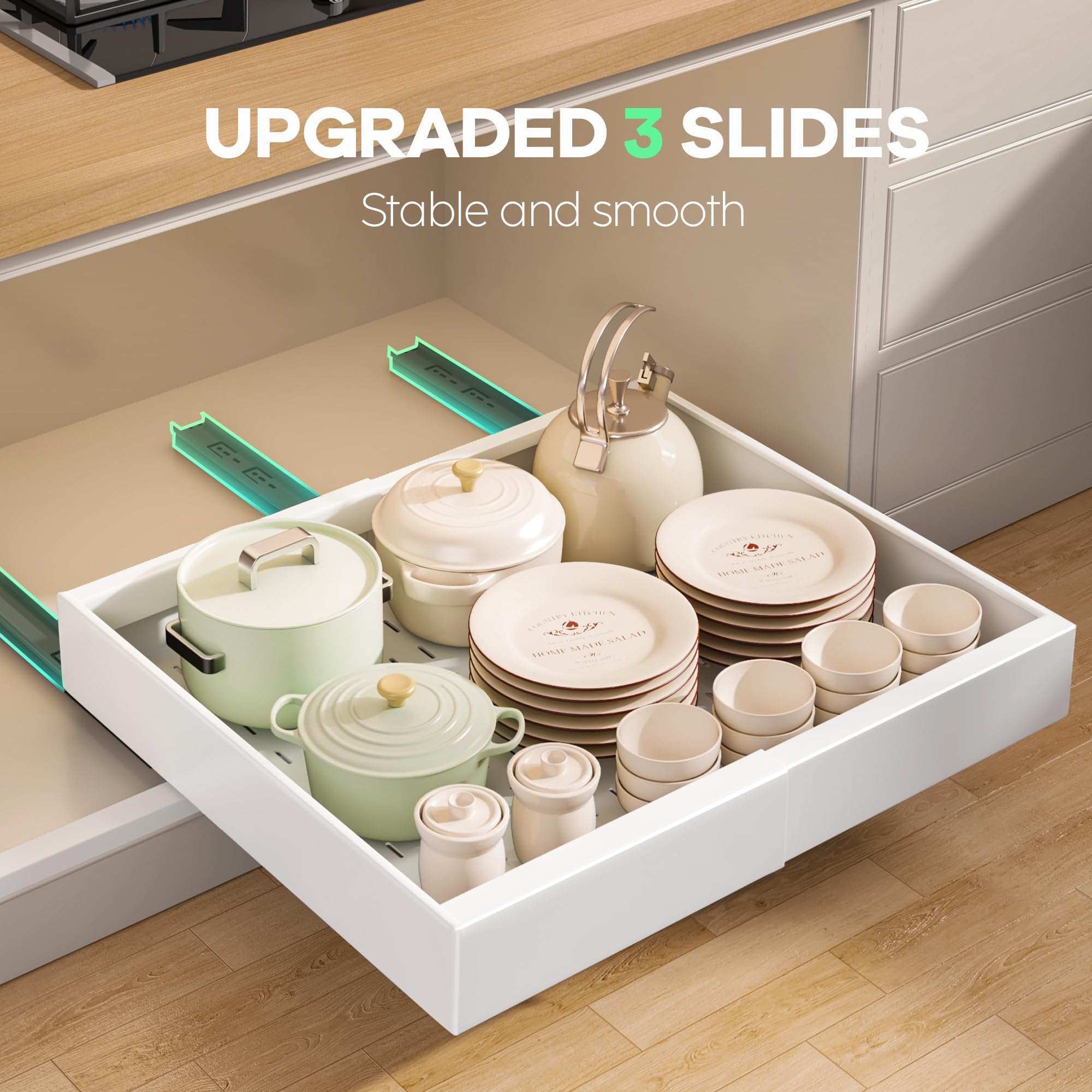 Seinloes smooth-damping slides ensure quiet, reliable roll-out in busy kitchens.