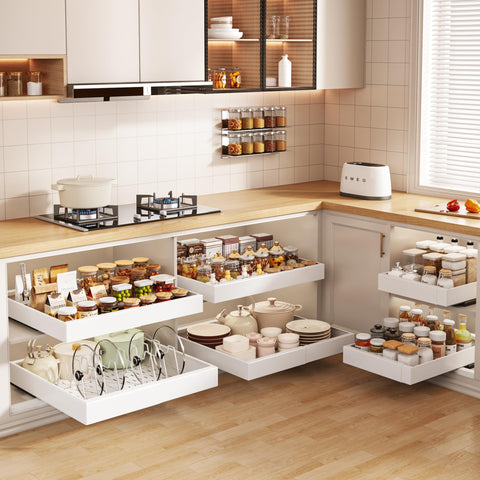Seinloes white roll-out shelves maximize cabinet space and accessibility.