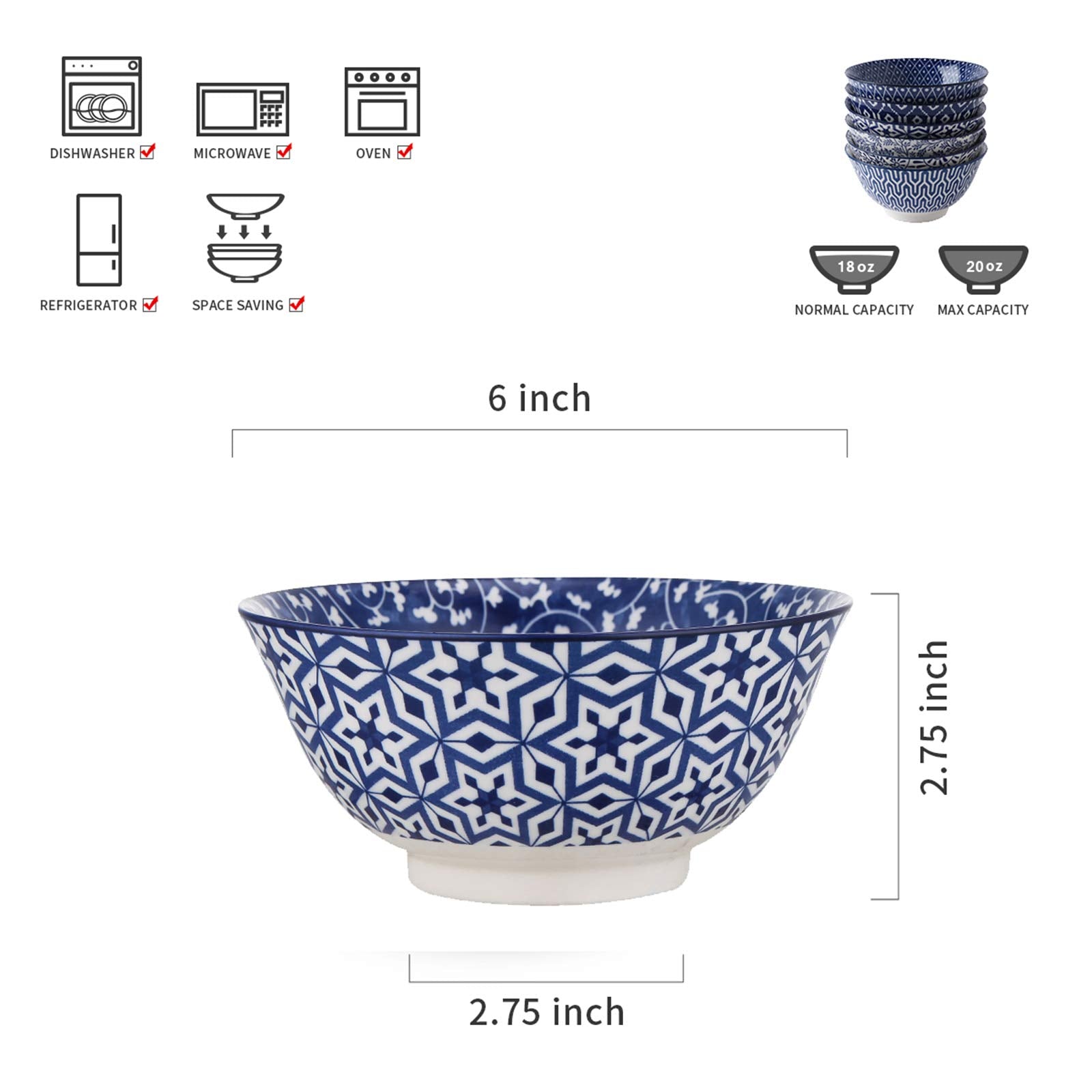 Selamica blue and white porcelain bowls, 6-inch size, space-saving stackable design.