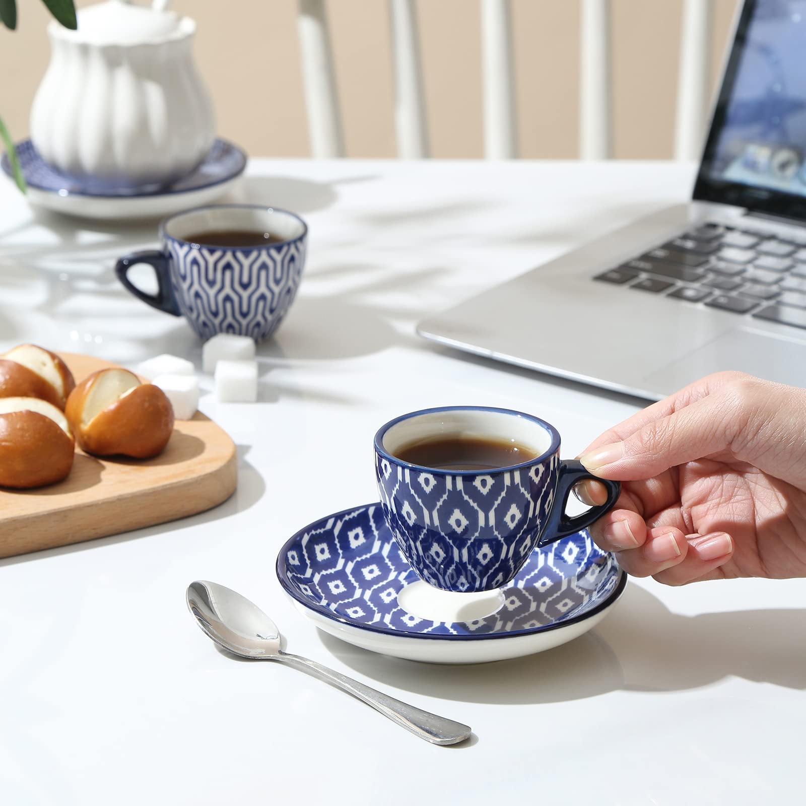 Selamica demitasse cups close-up shows bright patterns for cafe-at-home moments.