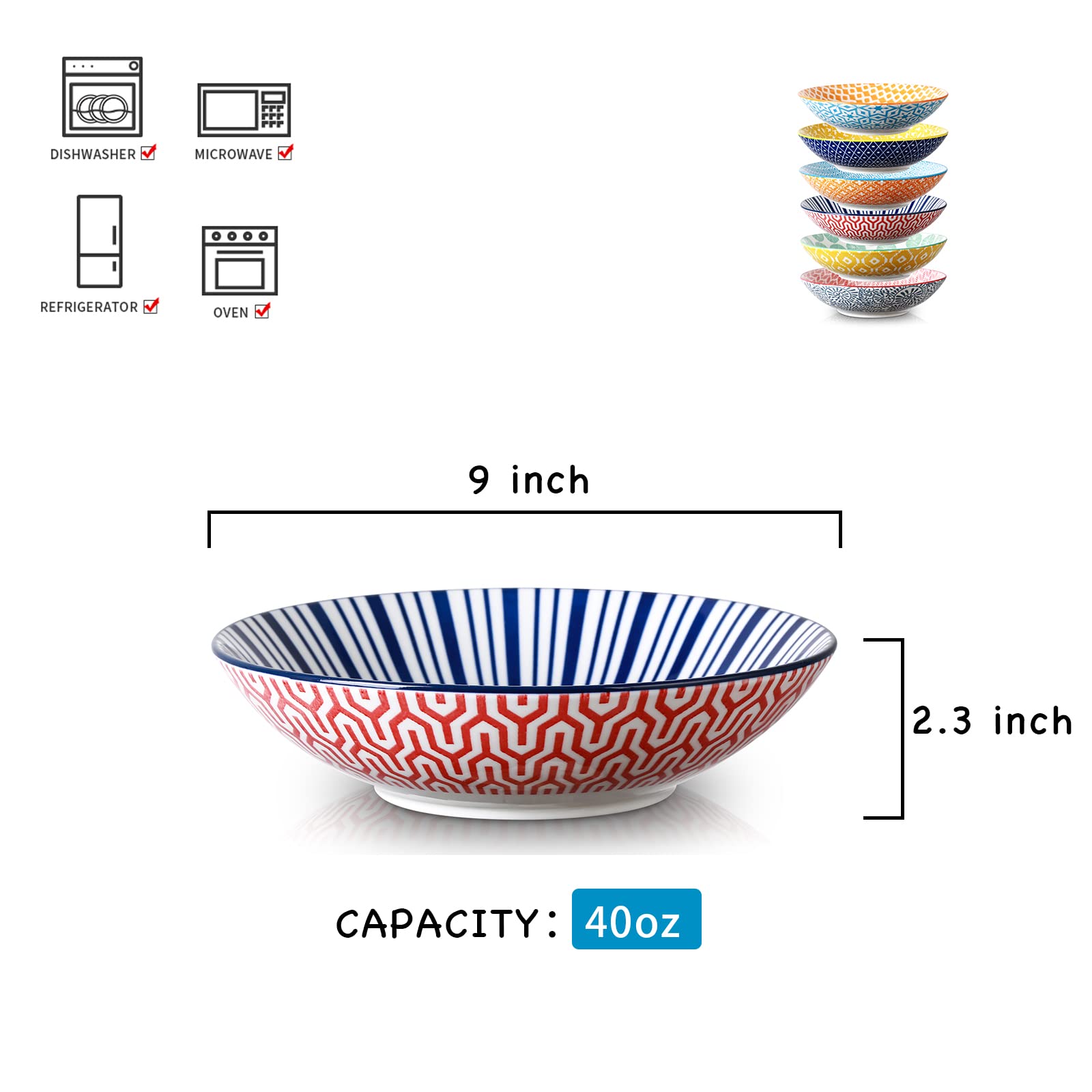 Selamica 9-inch bowls showcase unique patterns, adding color to soups and sides.