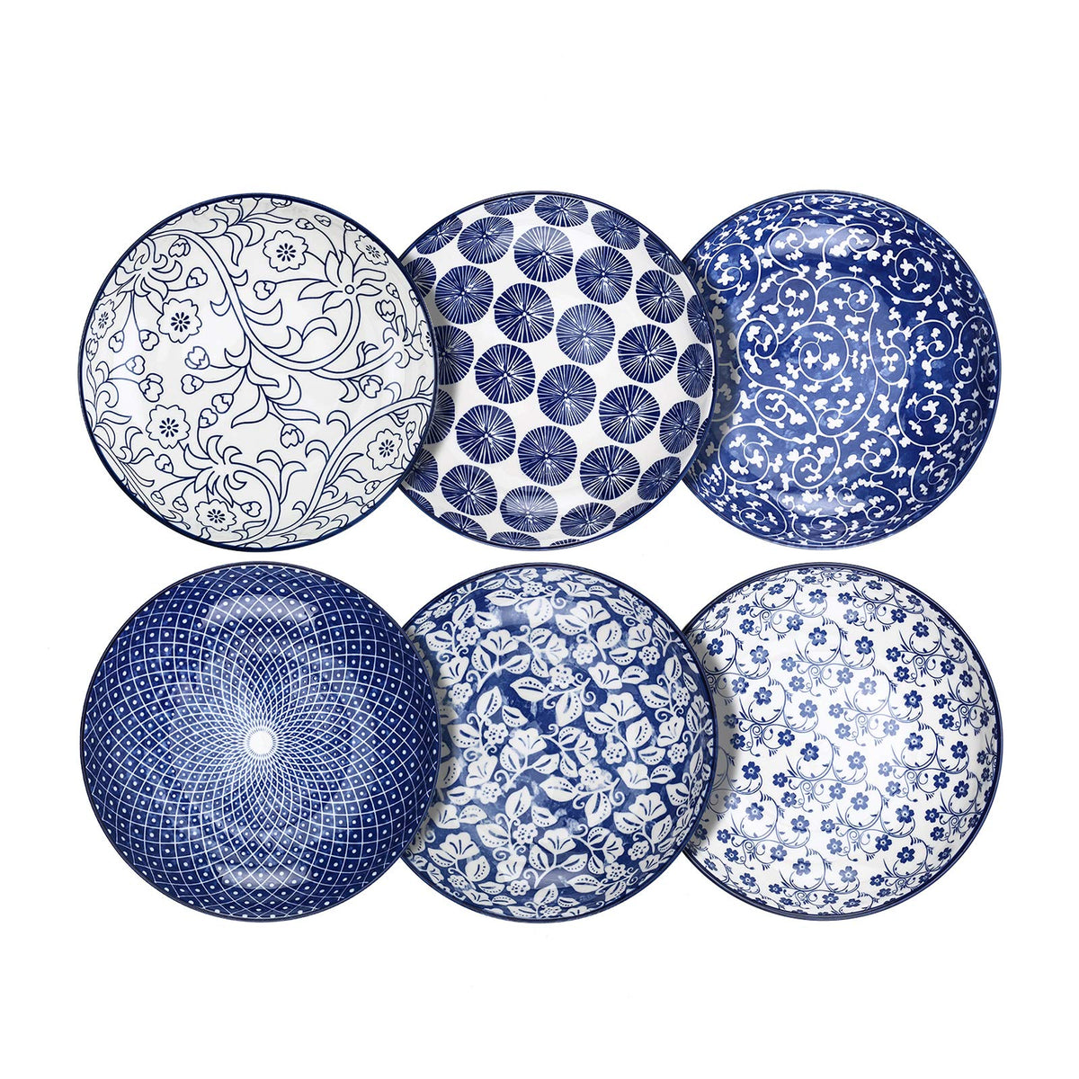 Selamica porcelain salad bowls in vintage blue, stackable for space-saving storage.