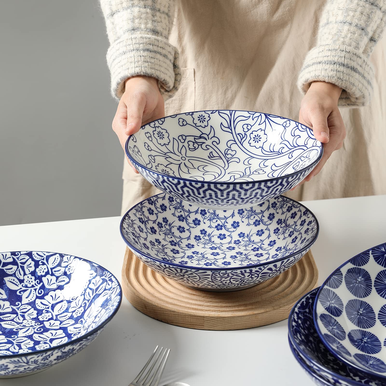 Table setting featuring Selamica vintage blue patterned bowls.
