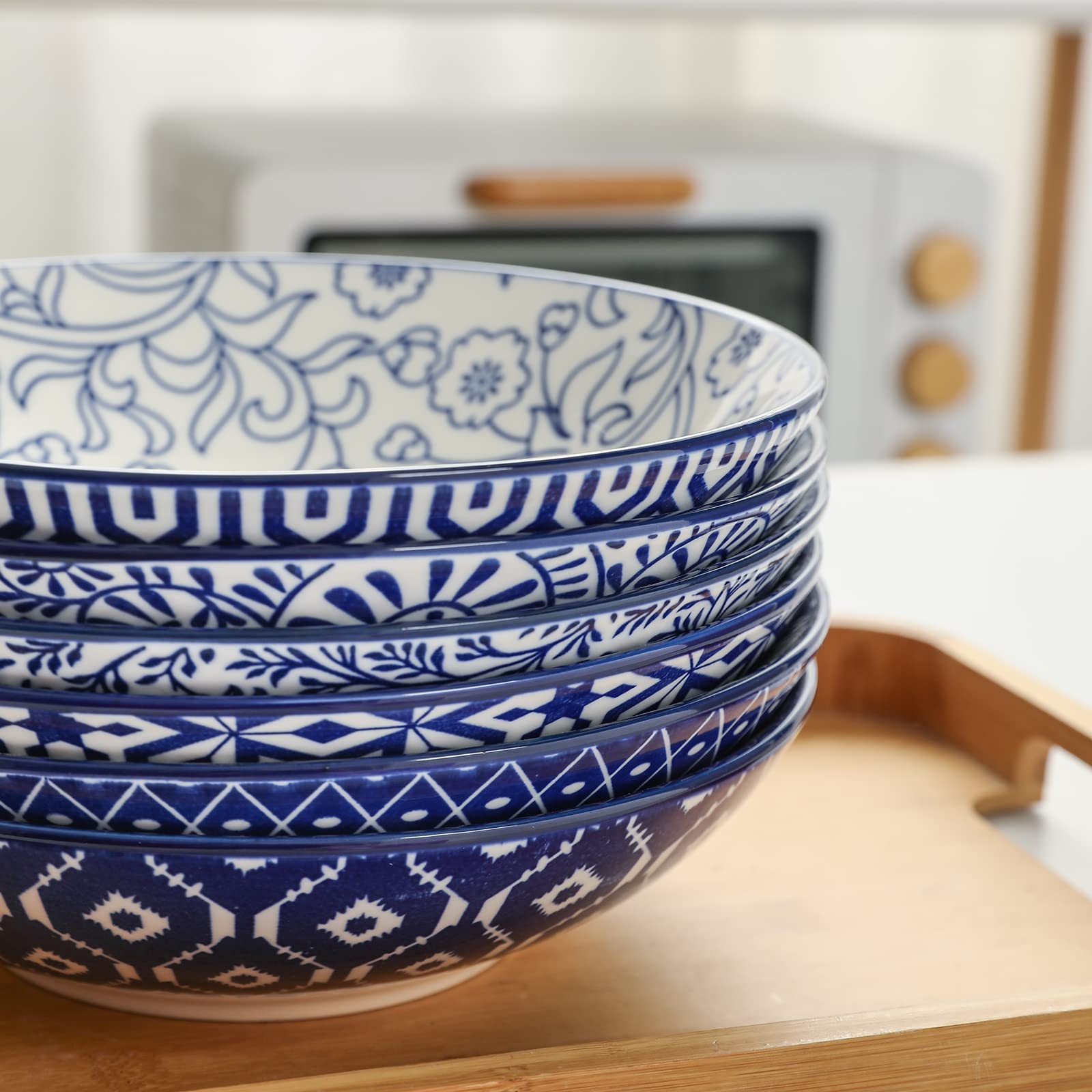 Detail of Selamica vintage blue pattern on porcelain bowl.