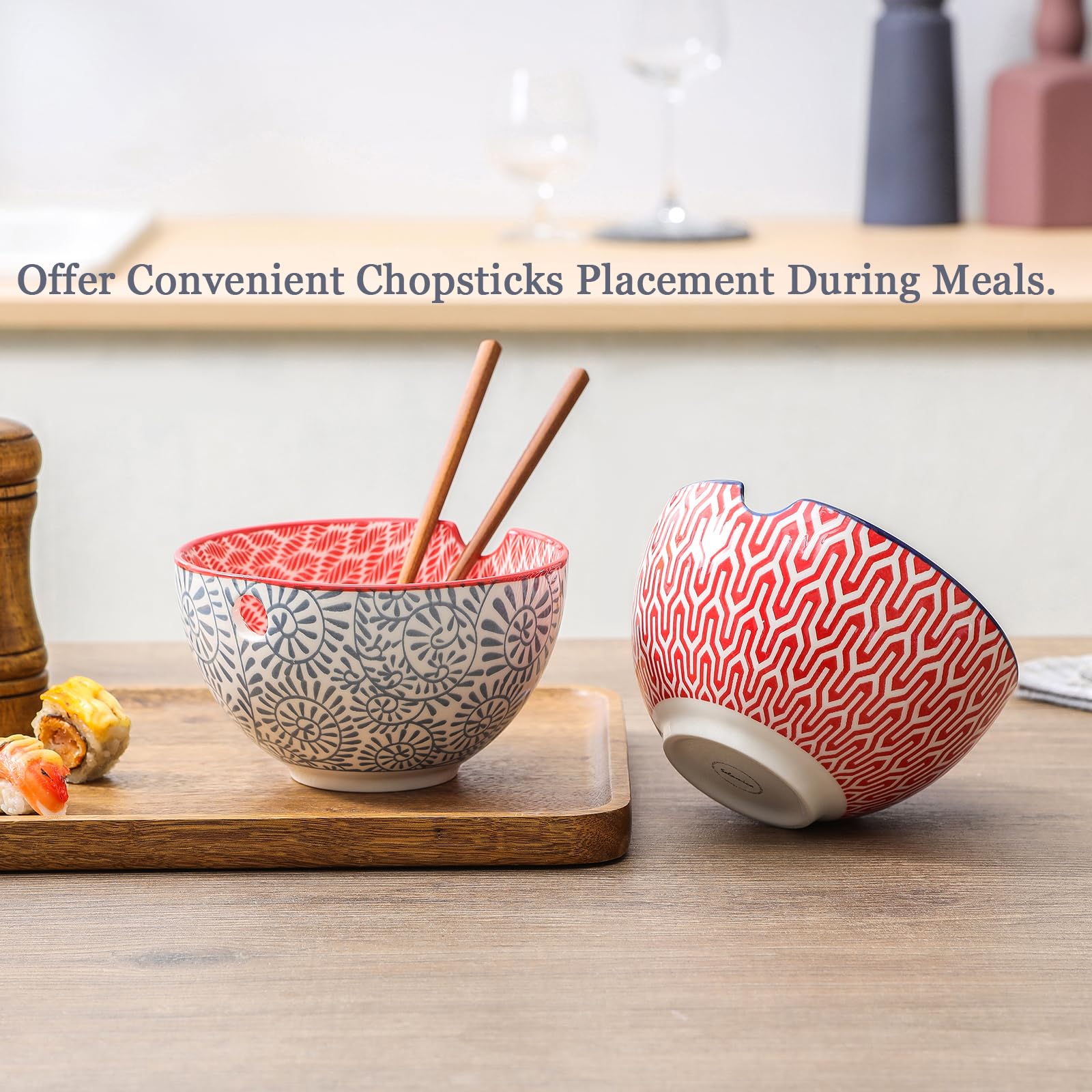 Selamica colorful exterior adds vibrant table decor while serving noodles.