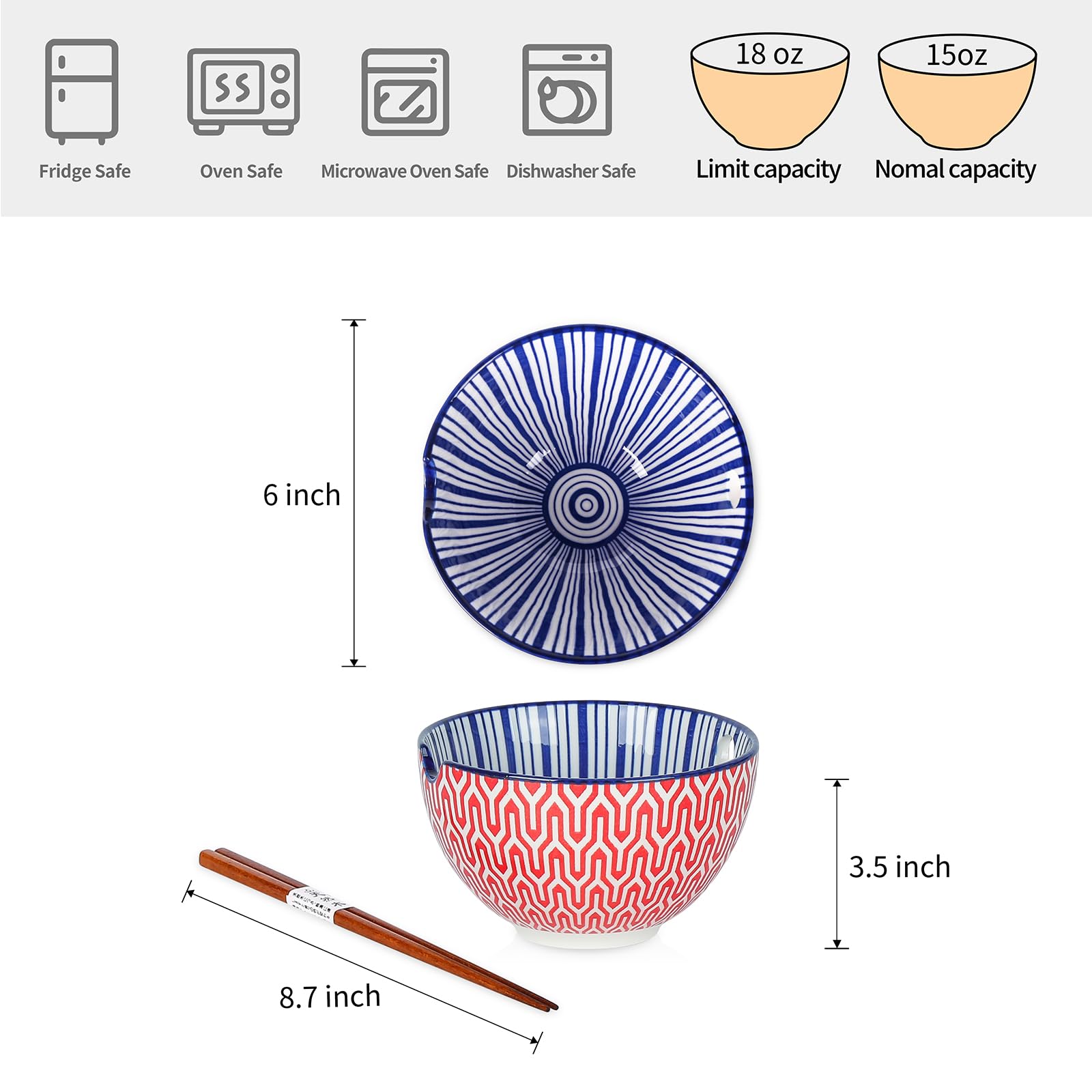 Selamica ramen bowls set includes wooden chopsticks for a complete dining experience.