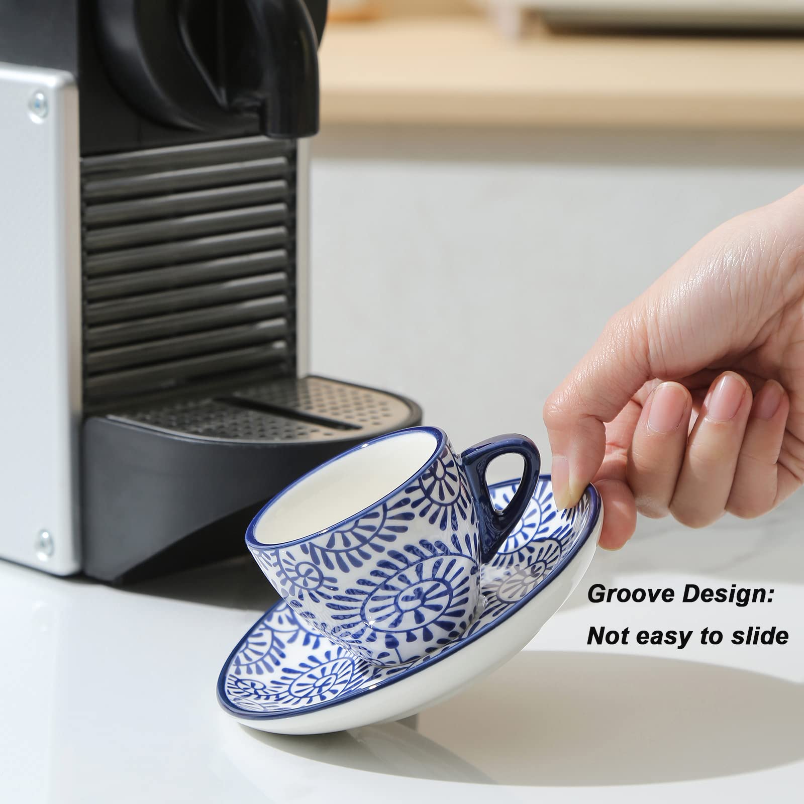 Saucers with grooves by Selamica hold tiny spoons securely for neat table setting.