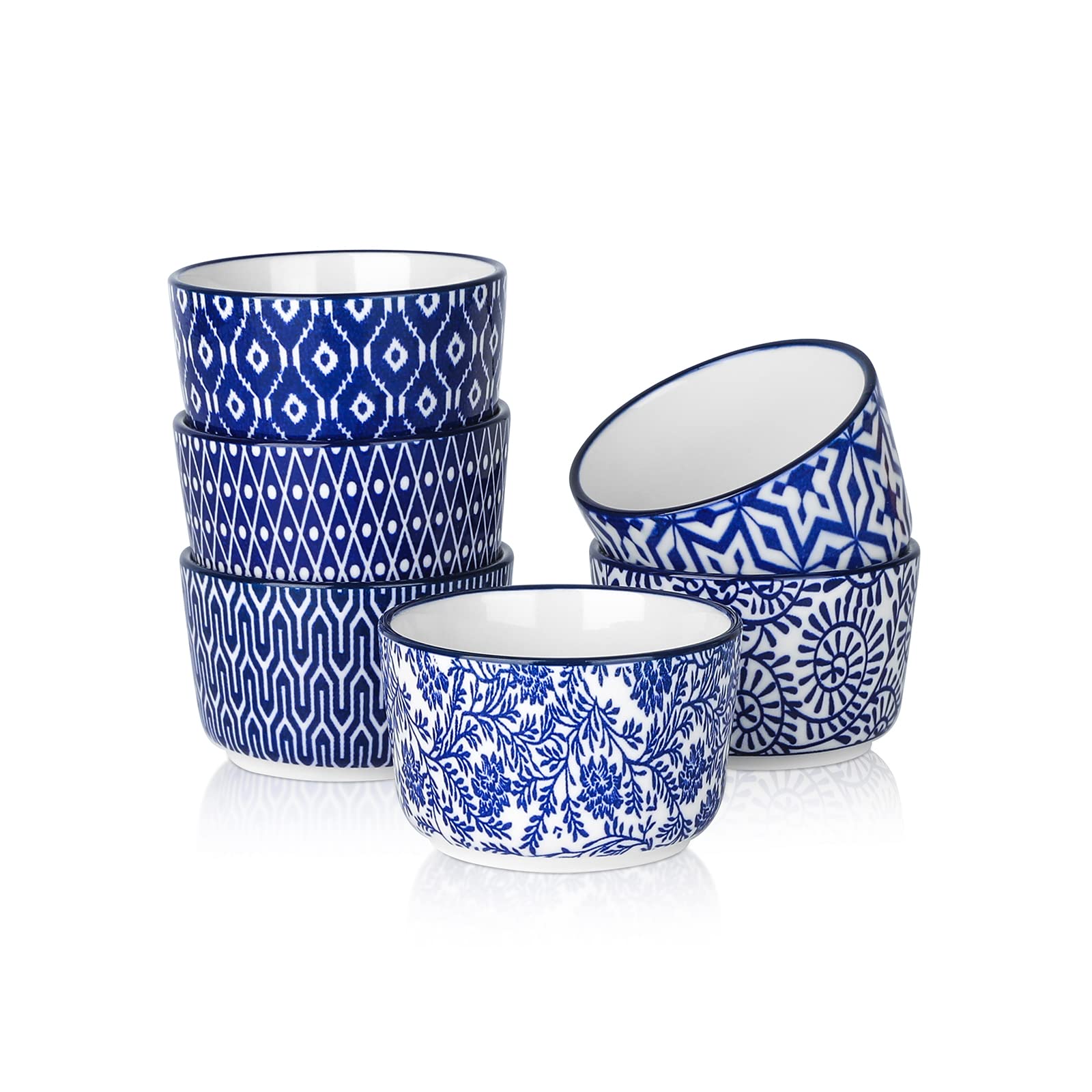 Selamica vintage blue 4oz ramekins set6 shown in a colorful, stylish dessert presentation.