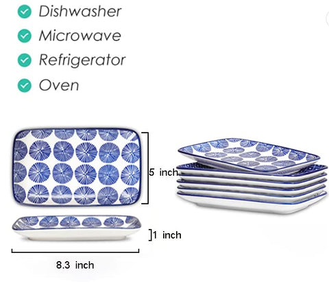 Selamica Vintage Blue 8-inch rectangular plate angled view enhances appetizer presentation.
