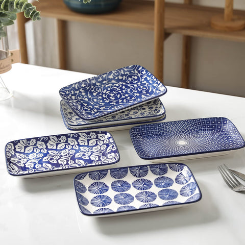 Selamica Vintage Blue 8-inch rectangular plate in use, ideal for salad or dessert.