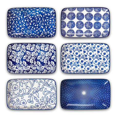 Selamica Vintage Blue 8-inch rectangular plate front view, stylish for salads and sushi.