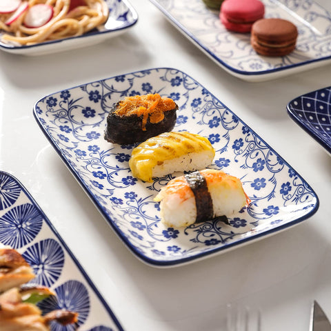 Selamica Vintage Blue 8-inch rectangular plate stacked for compact kitchen storage.