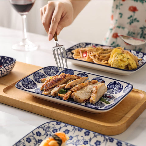 Selamica Vintage Blue 8-inch rectangular plate close-up shows smooth glaze and durability.