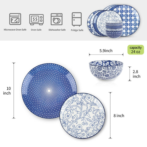 Selamica Vintage Blue dinner plates with colorful pattern for versatile dining.