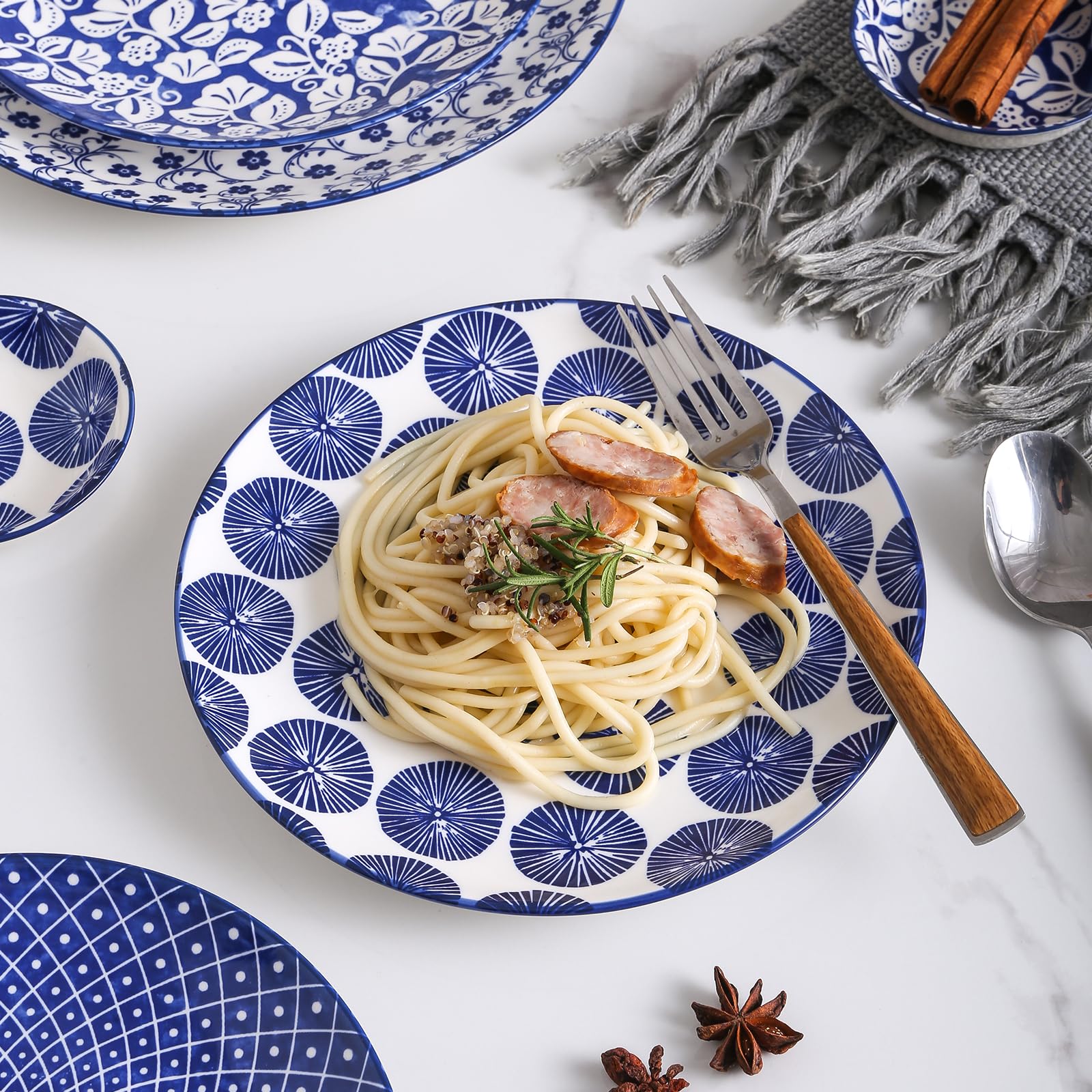 Selamica vintage blue dishware set (stackable) dishwasher safe and versatile.