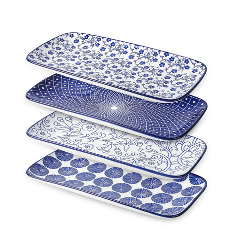 Selamica vintage blue edge-detail rectangular platter, ideal for elegant desserts