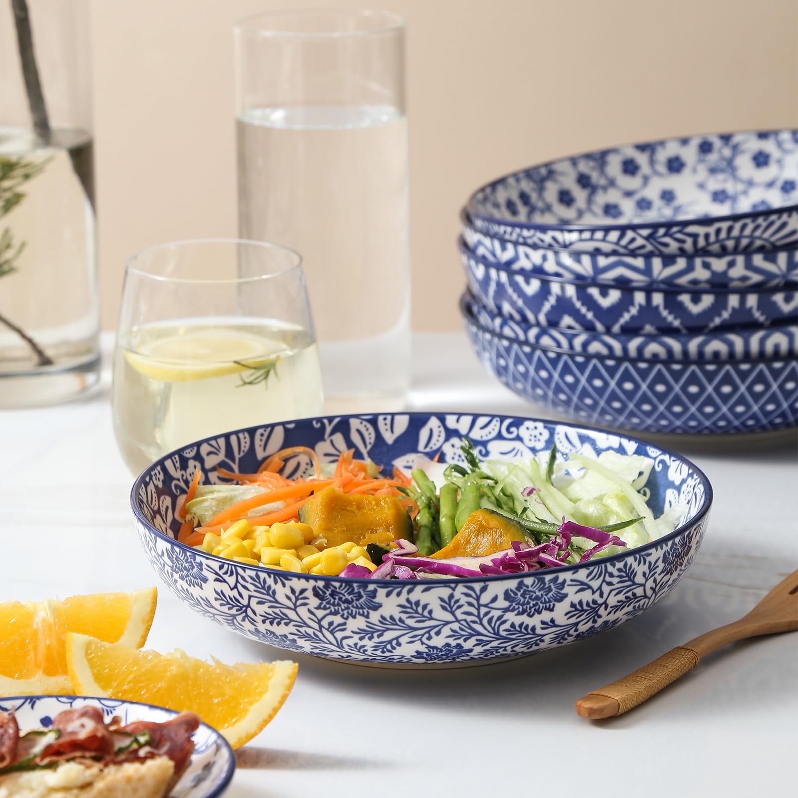 Selamica vintage blue pasta bowls (26 oz) ideal for portions.