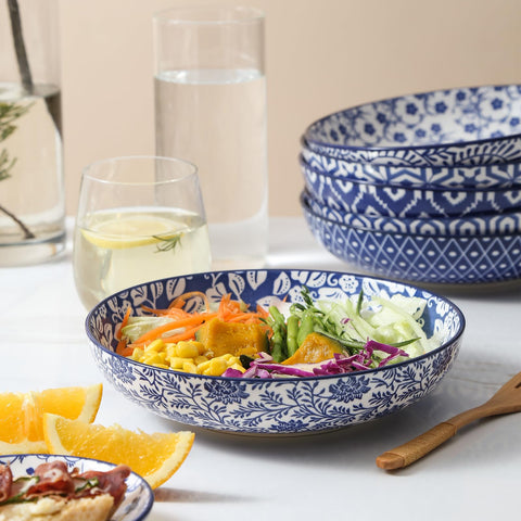 Selamica vintage blue pasta bowls (26 oz) ideal for portions.