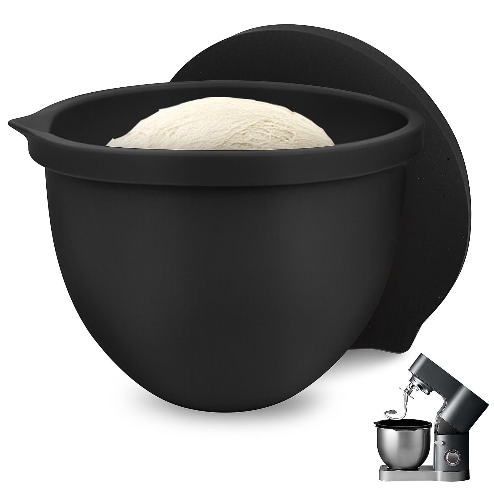 SelfTek silicone bowl liner inside a 5 qt KitchenAid bowl for easy mixing and storage.
