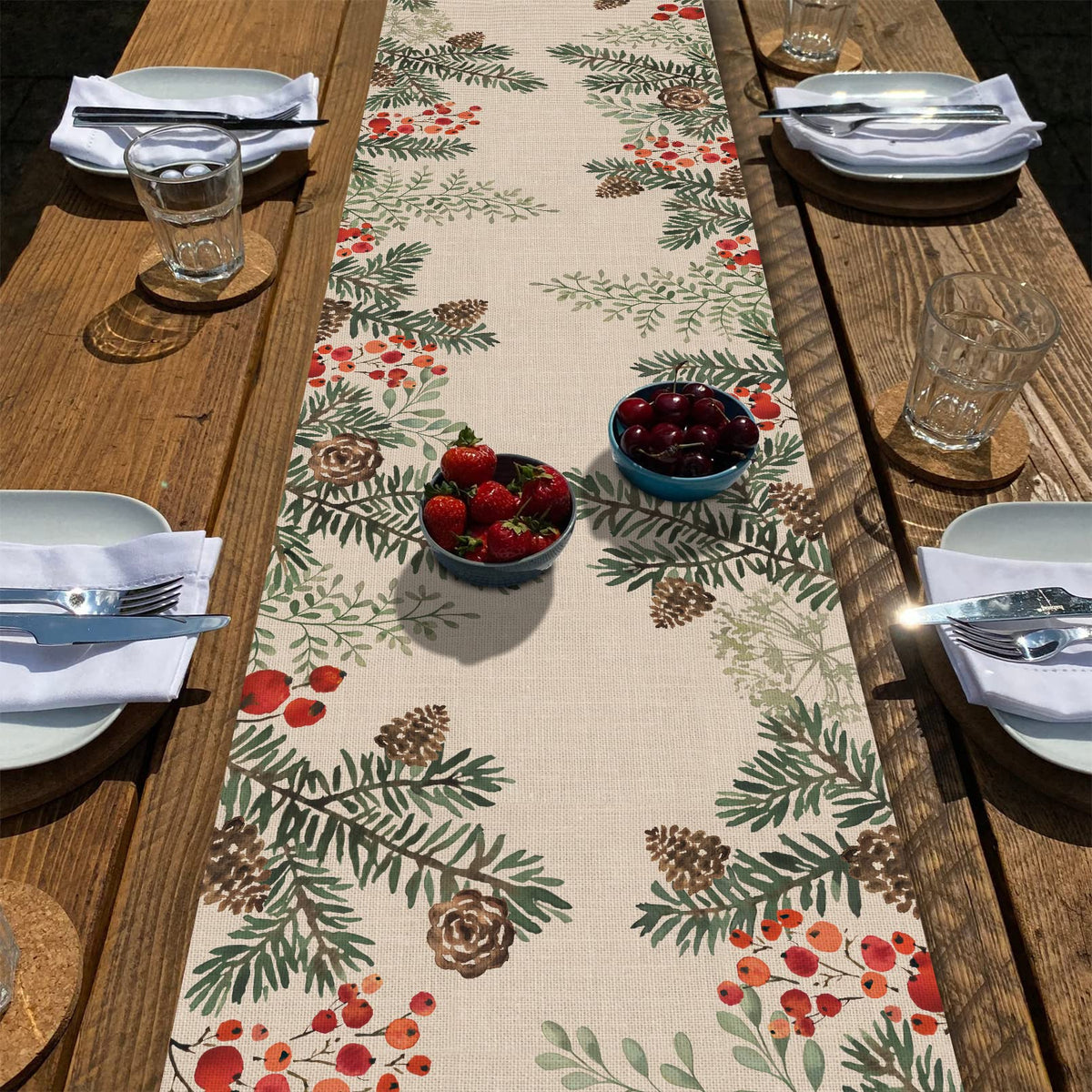 Seliem Winter Pine Cone Branch Table Runner enhances festive centerpiece options