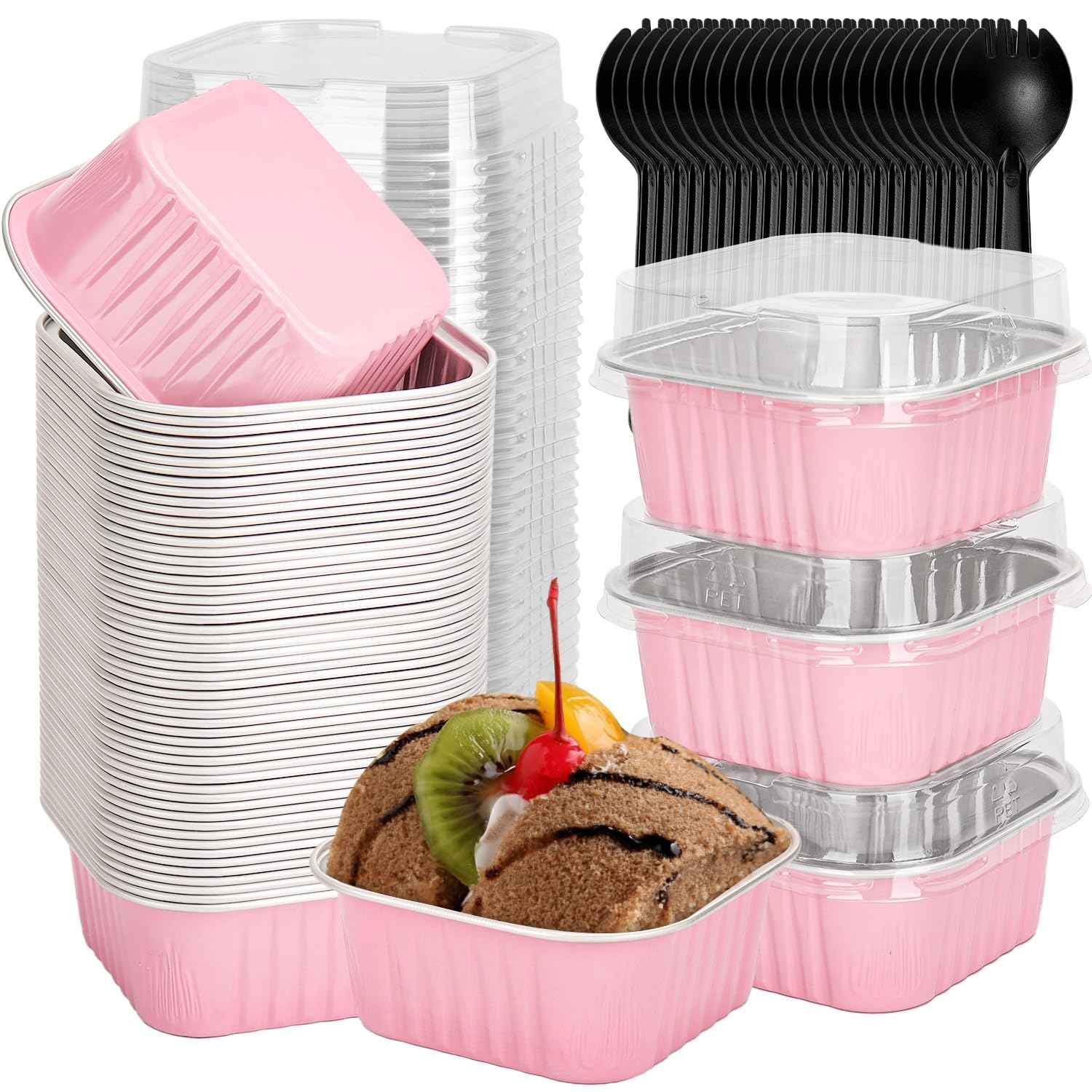 Selizo 60-pack mini cake pans with lids in pink for individual servings and easy transport