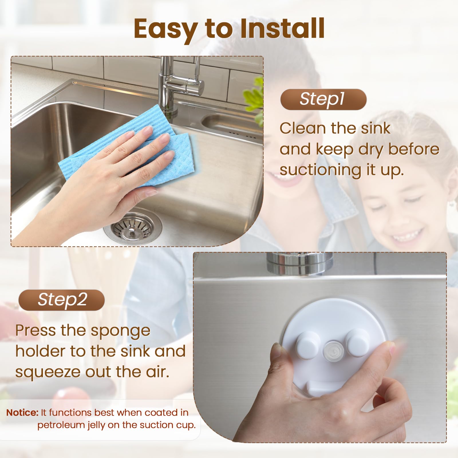 Semcide suction cup on kitchen surfaces offers strong grip.