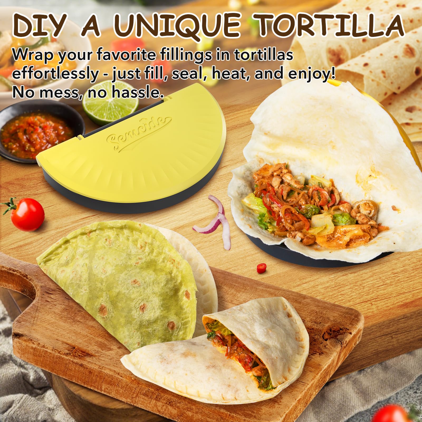 Semcide tortilla crimper forming a plump dumpling-shaped tortilla.
