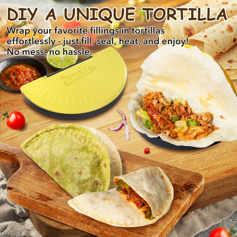 Semcide tortilla crimper forming a plump dumpling-shaped tortilla.