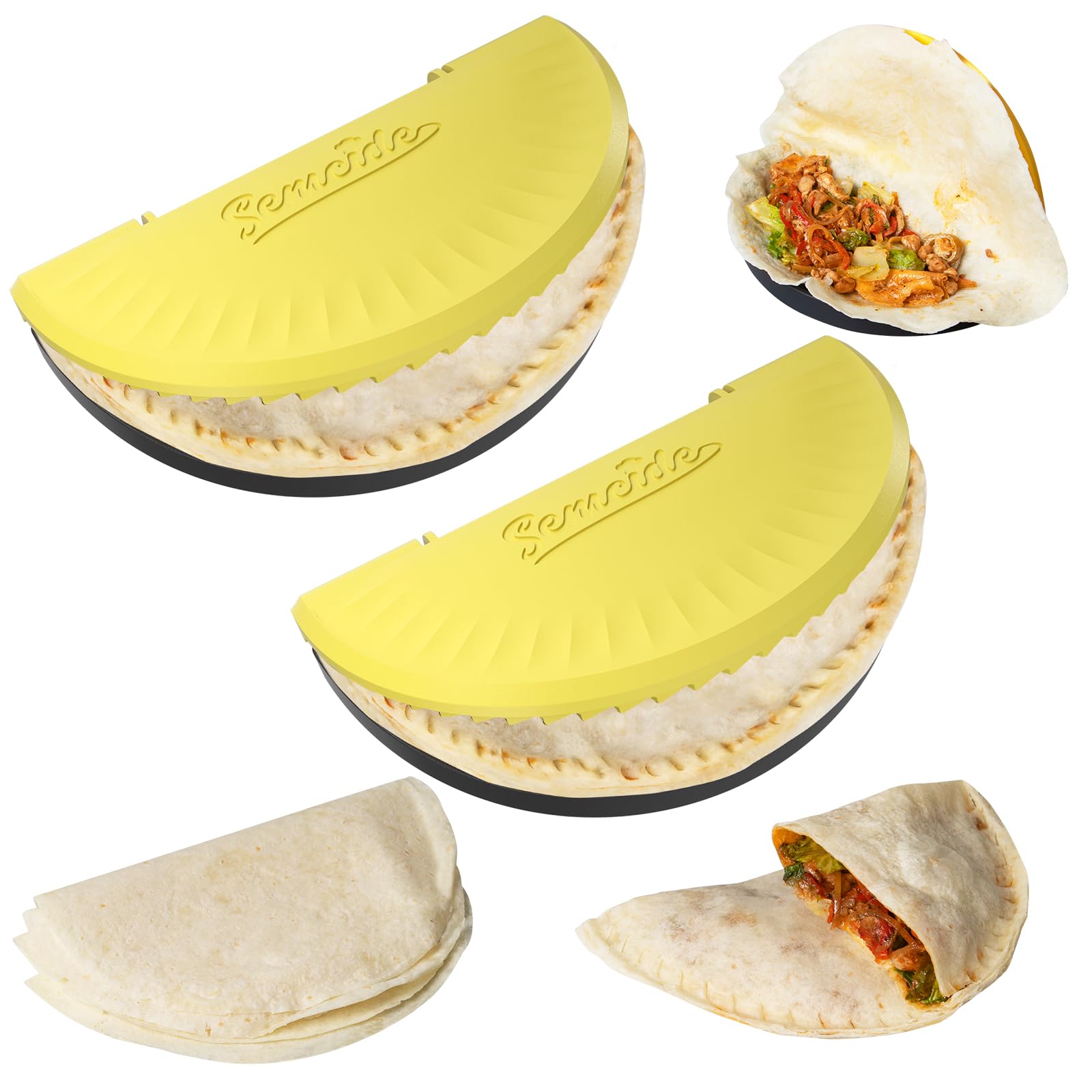 Semcide tortilla sealer with embossed pattern for a tight, leak-proof seal.