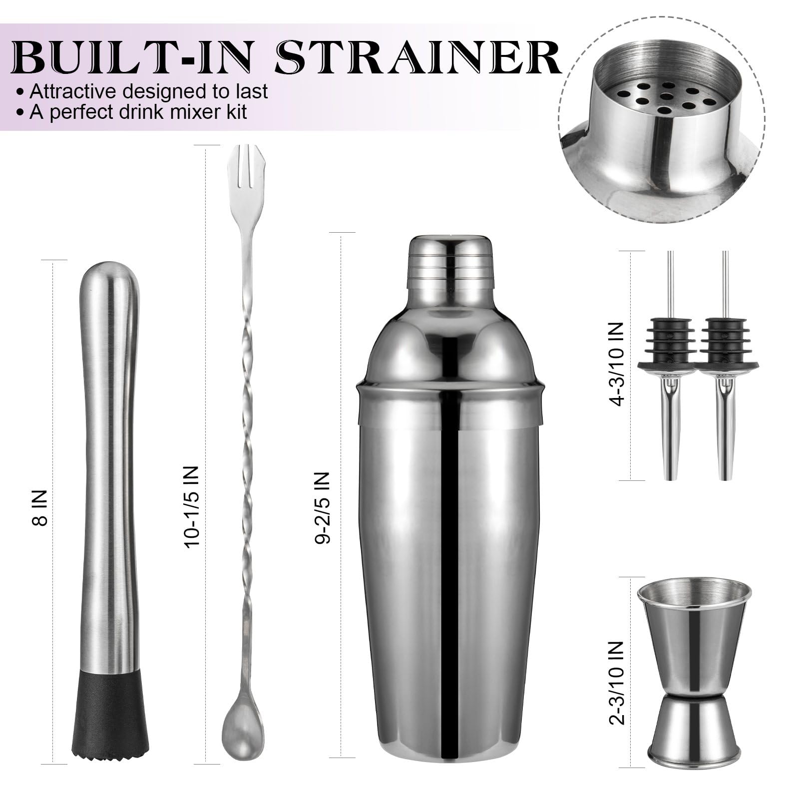 Semderm built-in bartender strainer enhances shake filtration.