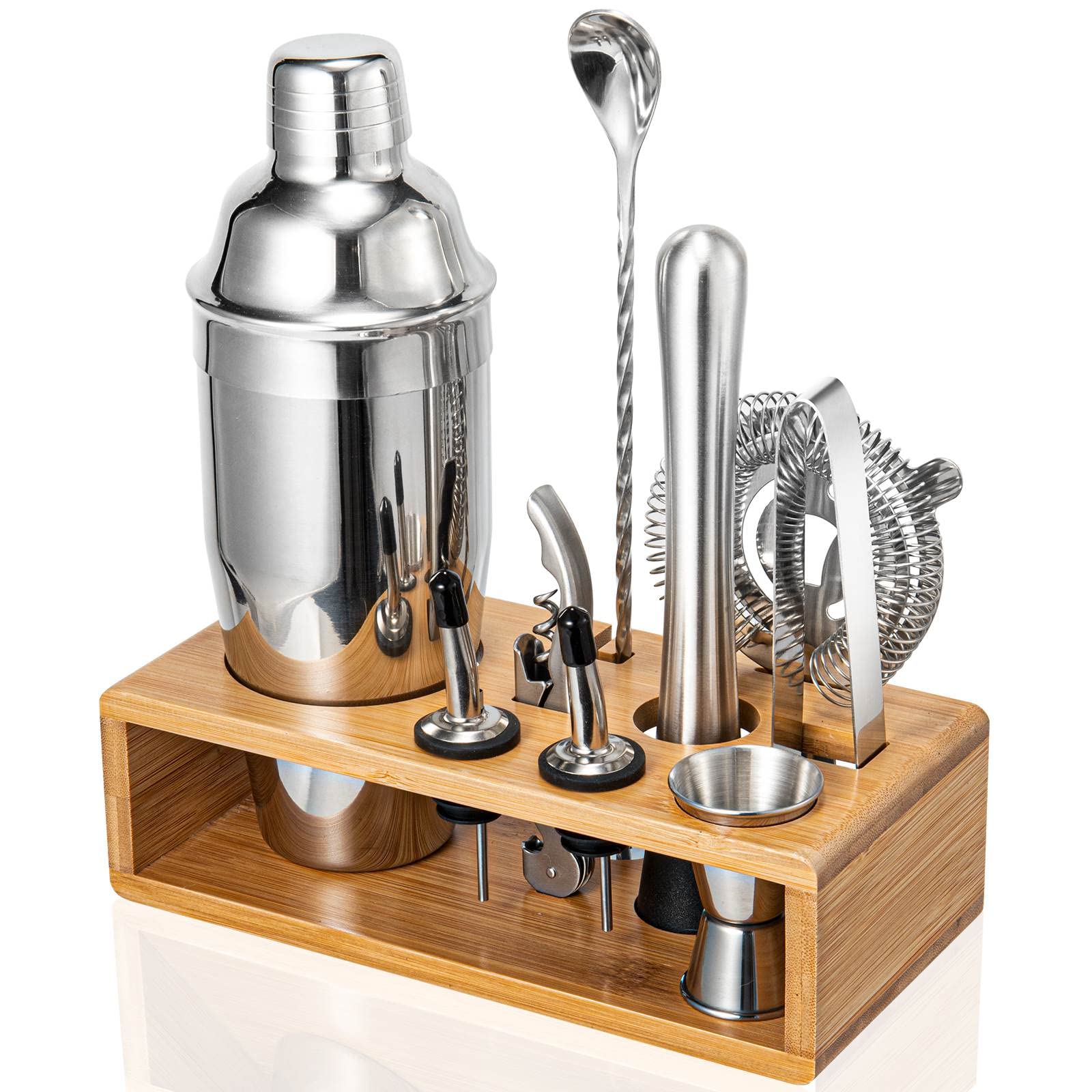 Semderm cocktail shaker set on bamboo stand for stylish home entertaining