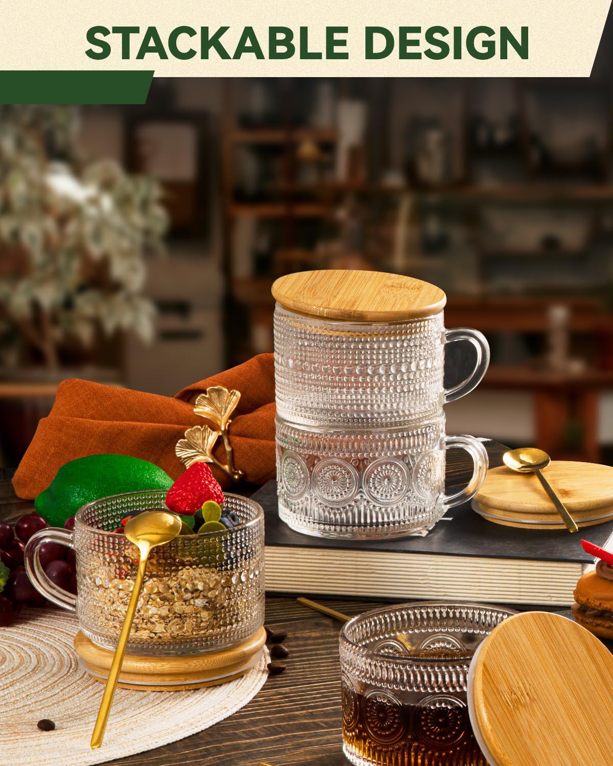Semderm vintage glass mug set contains four elegant cups.