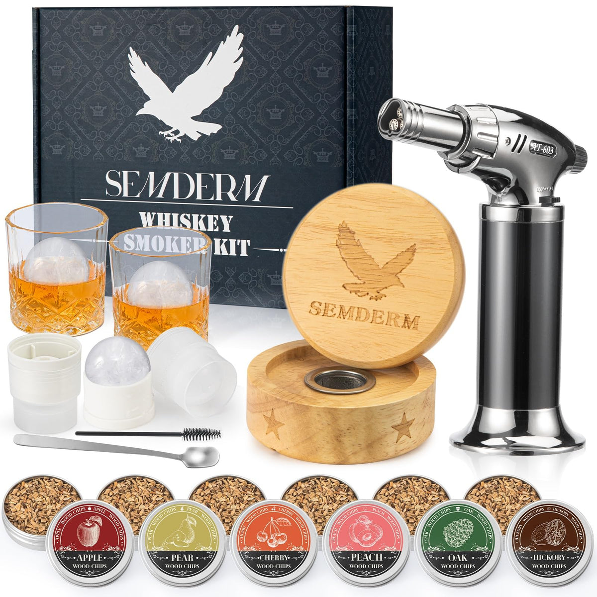 Semderm whisky smoker kit with chips pack adds smoky depth to cocktails and foods.