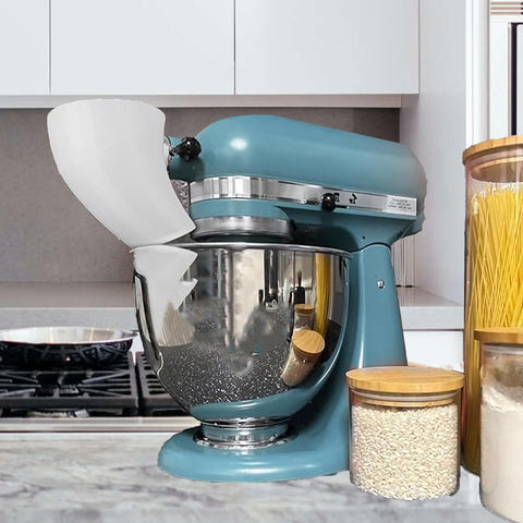 Semihacker 30-degree pouring chute guides dry and wet ingredients with minimal splatter.