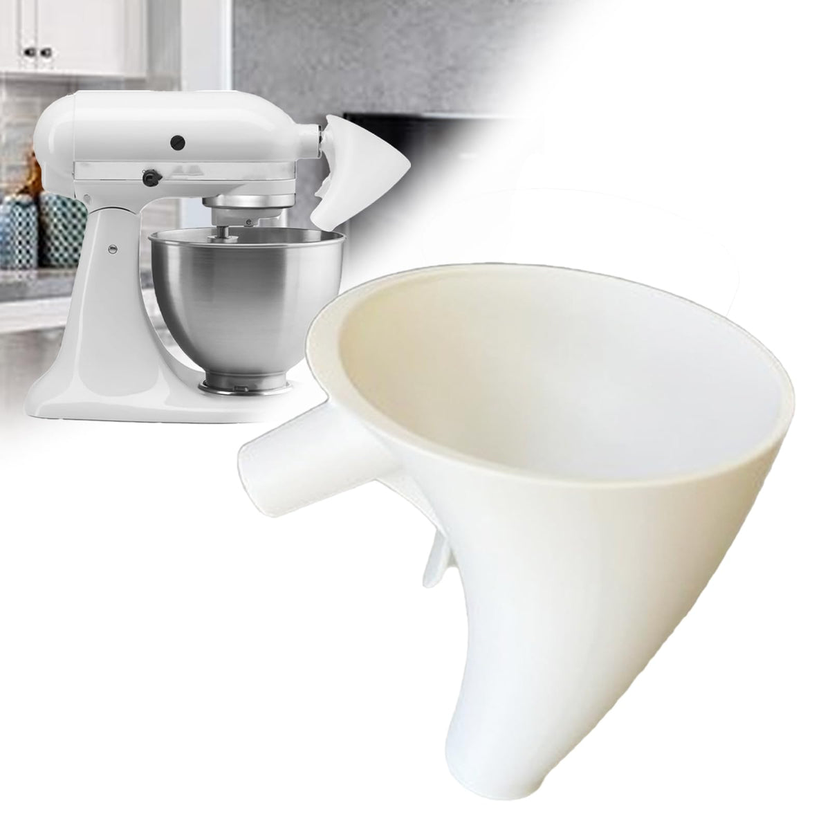 Semihacker funnel for KSM150 mixer attachment ensures precise fit and clean pours.