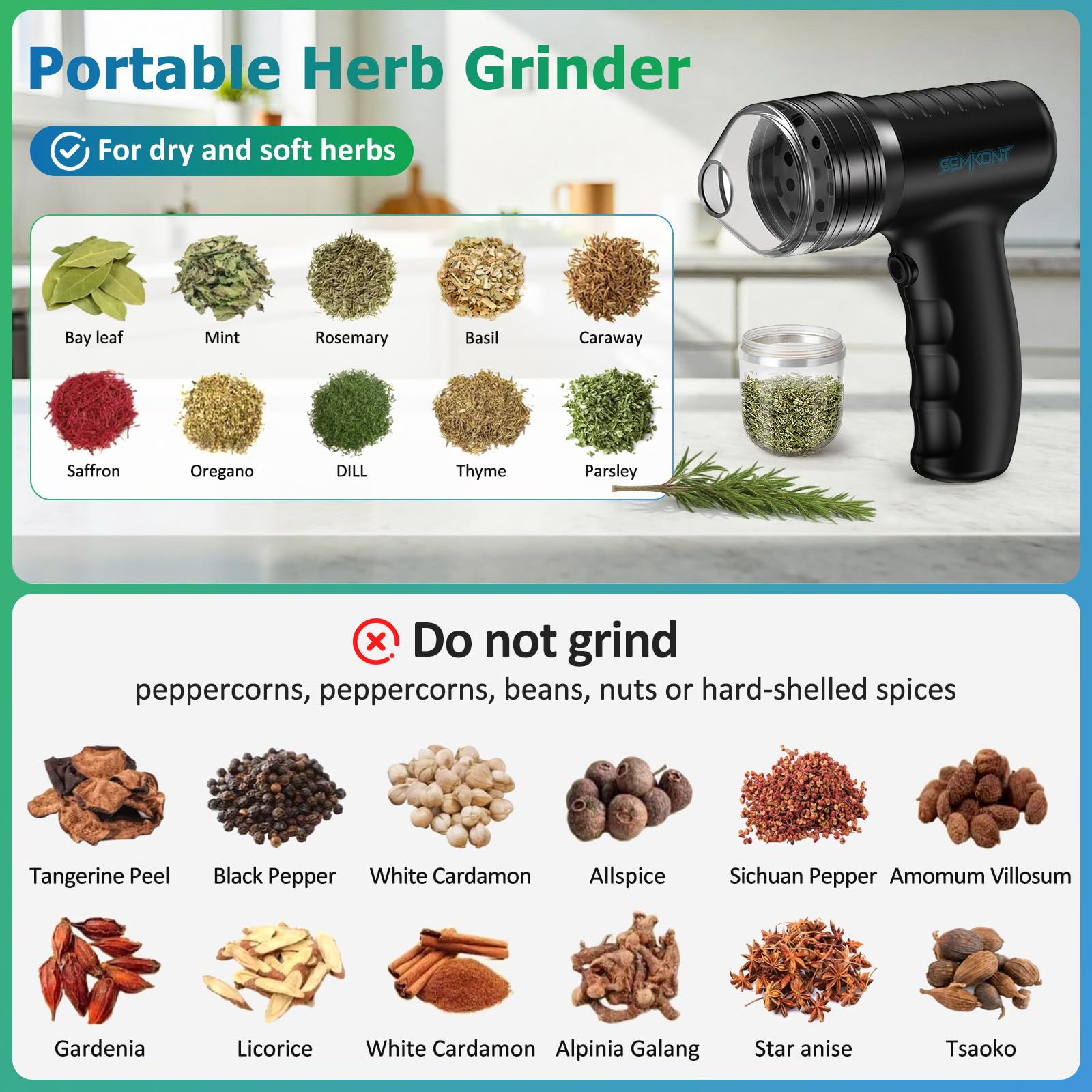 SEMKONT USB-rechargeable grinder for portable spice prep