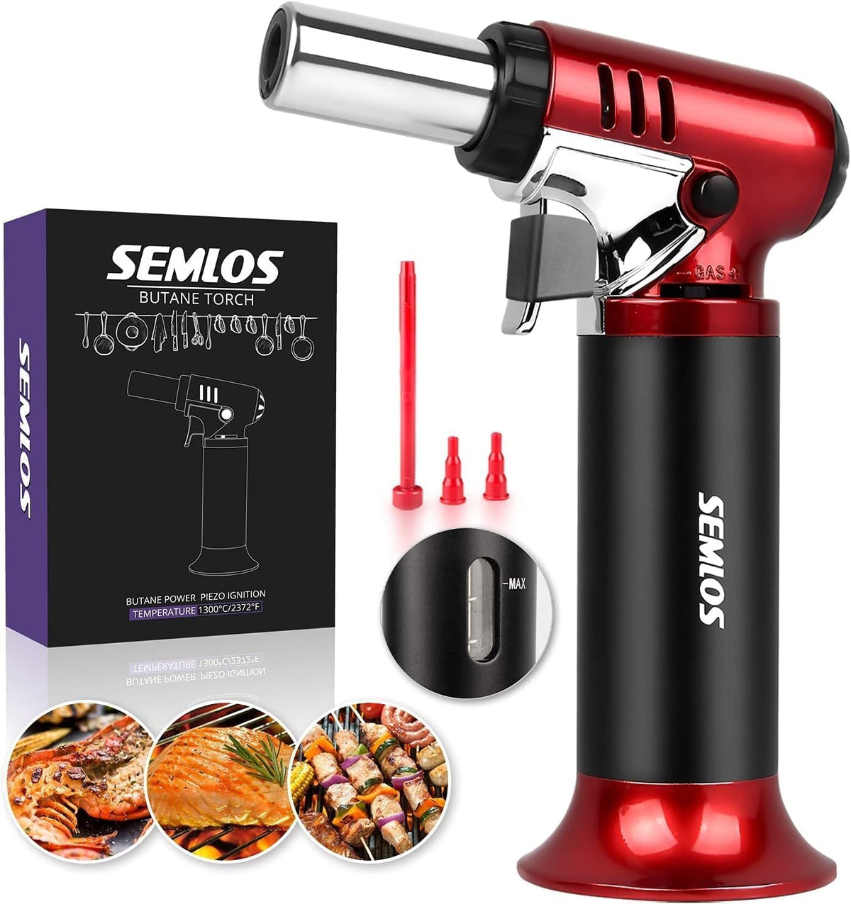 Semlos butane torch front view with fuel gauge and stable base for controlled cooking.