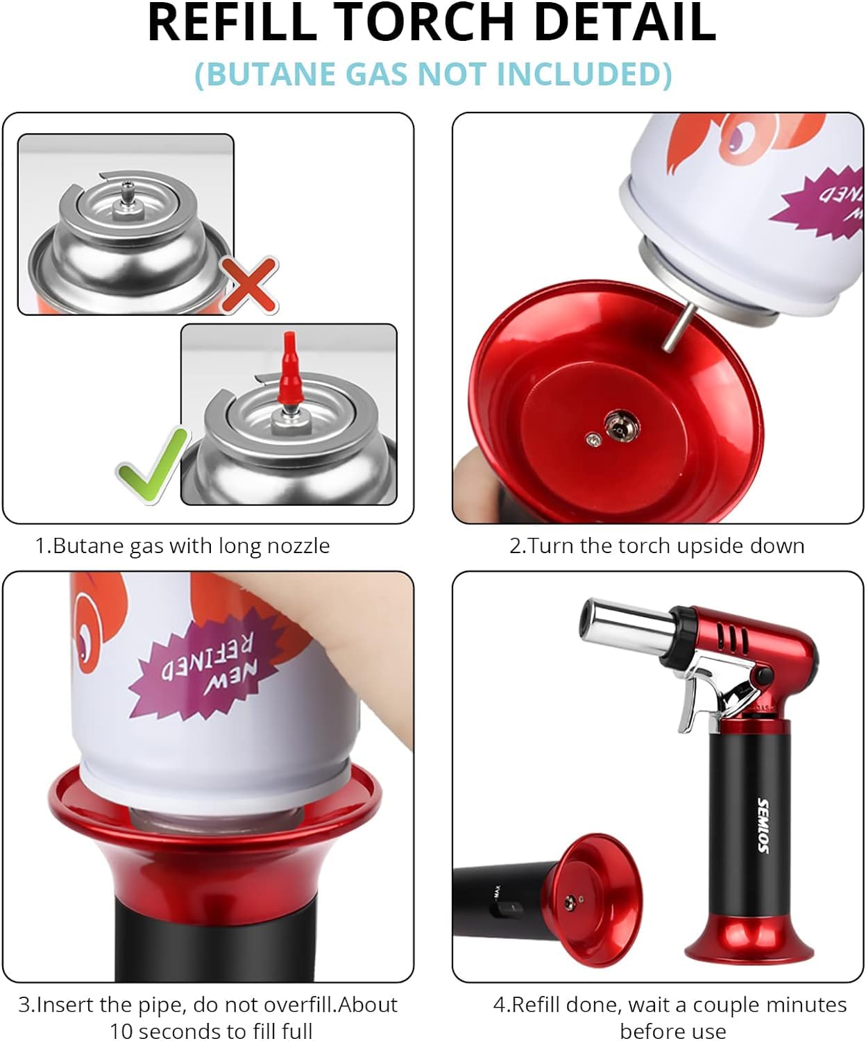 Semlos refillable design works with any butane brand for kitchen and crafts.
