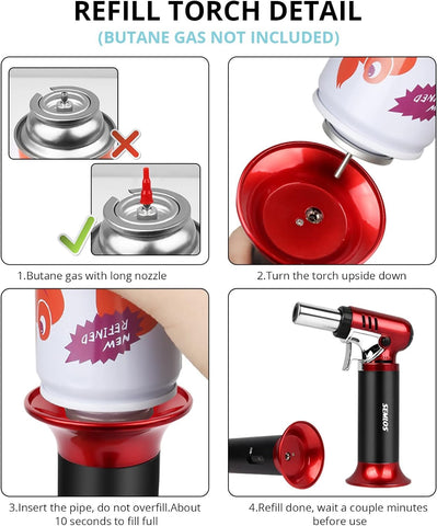 Semlos refillable design works with any butane brand for kitchen and crafts.