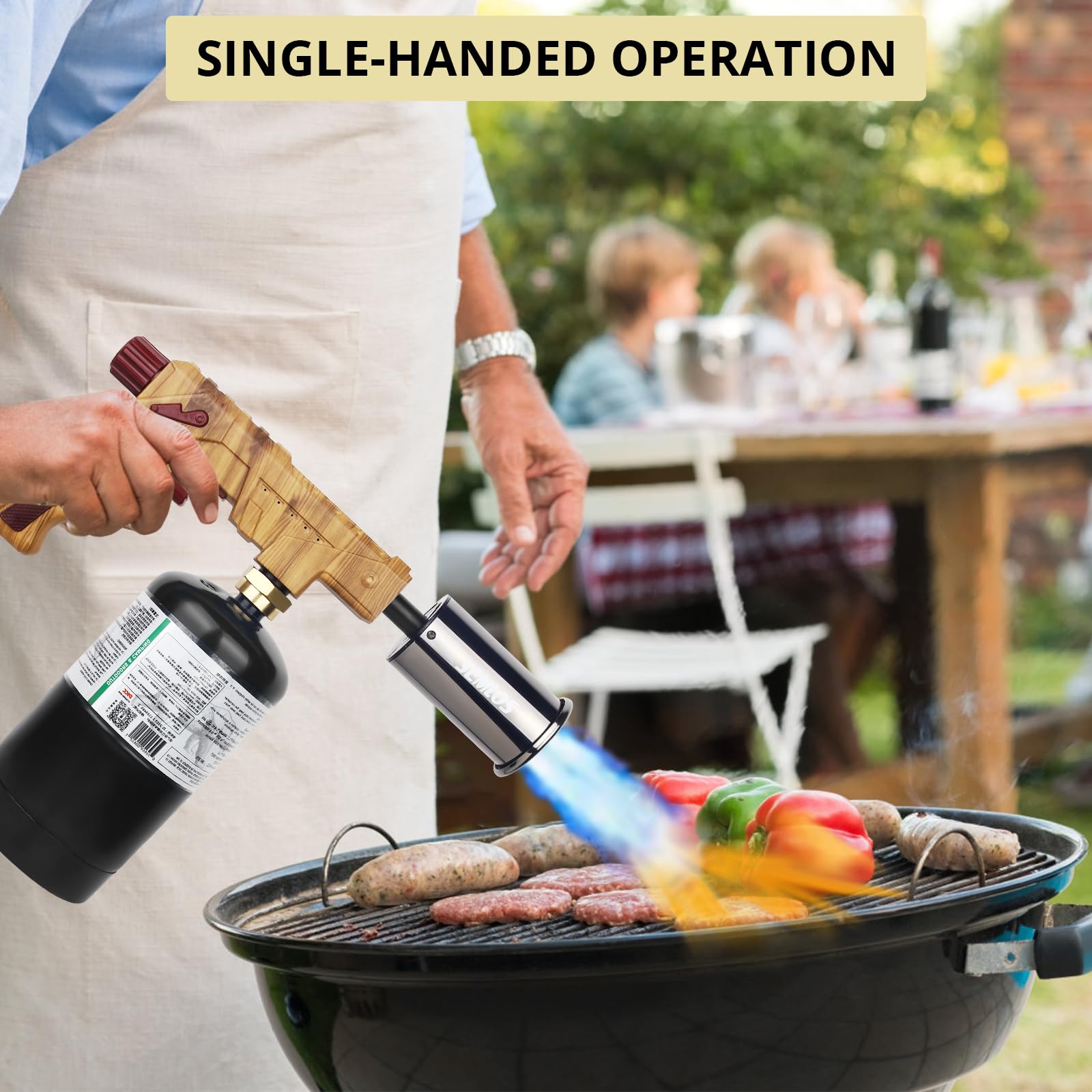 Semlos torch sears steaks and finishes BBQ with powerful flame.