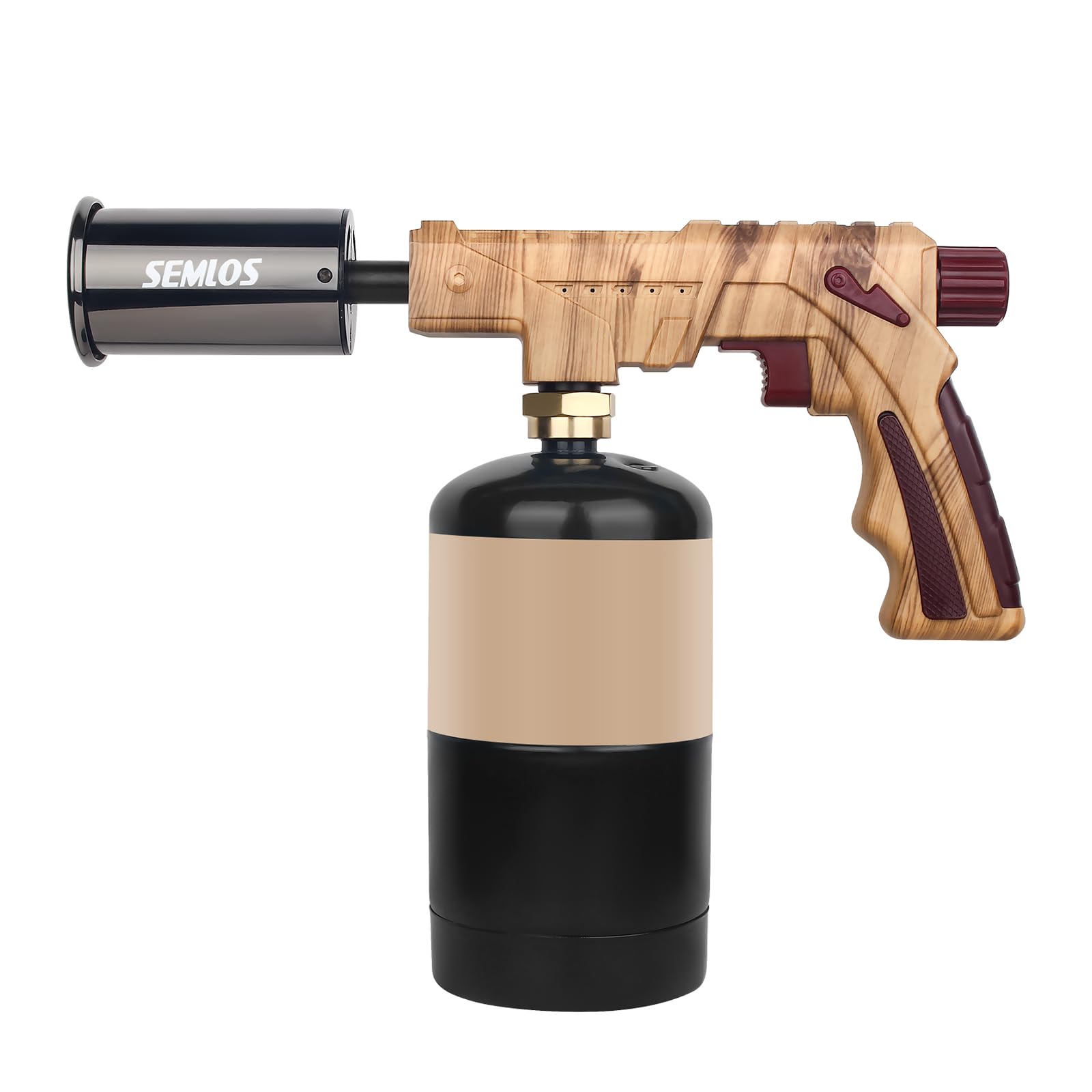 Semlos propane torch with woodgrain body for precise searing and stylish kitchen use.