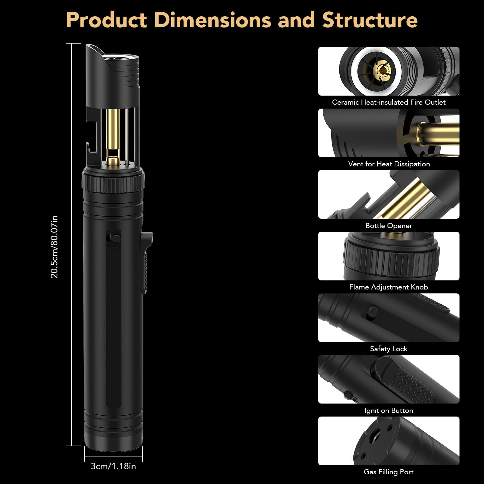 Semlos torch lighter with adjustable flame knob enables precise heat control.