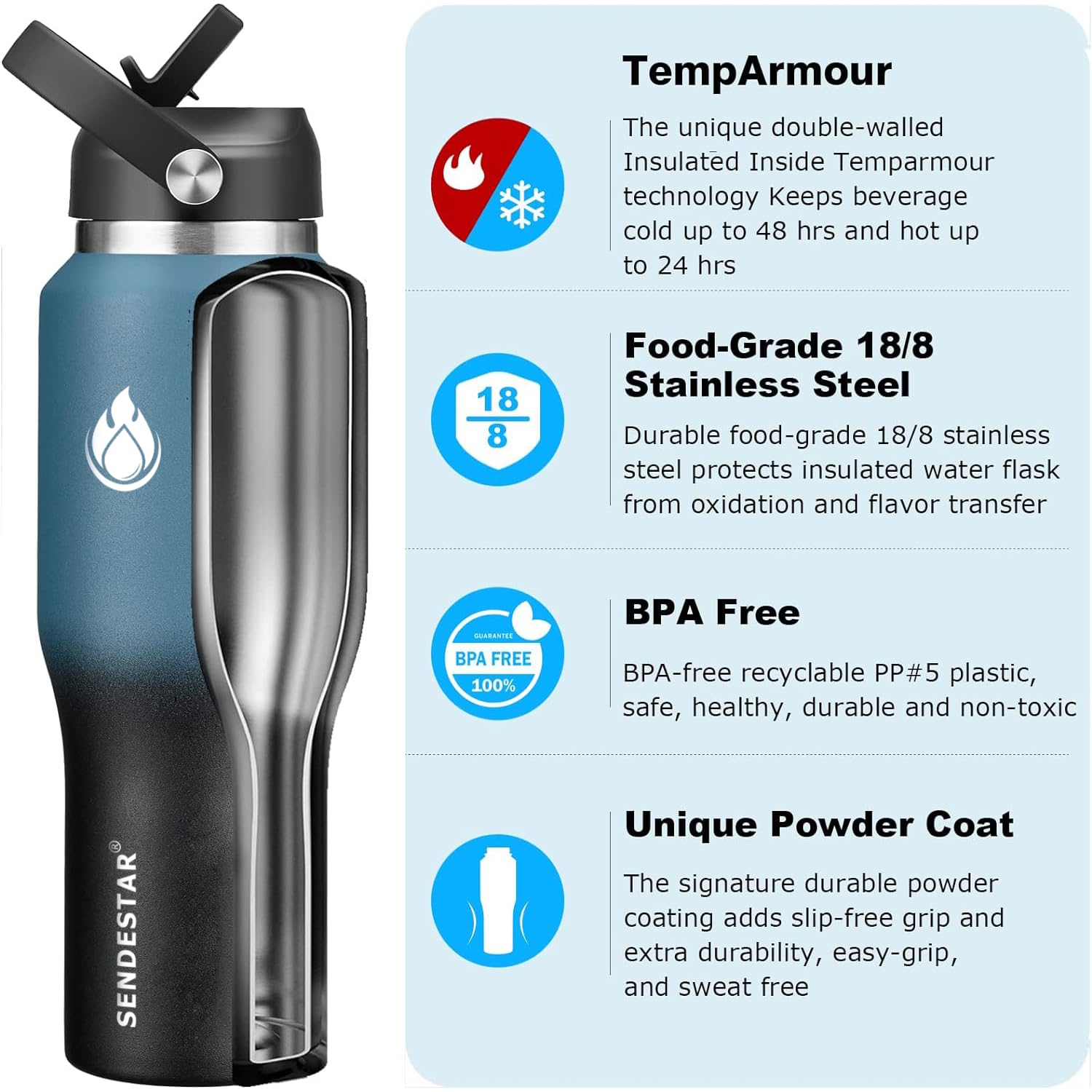 SENDESTAR vacuum insulated bottle keeps drinks cold for 48 hours.