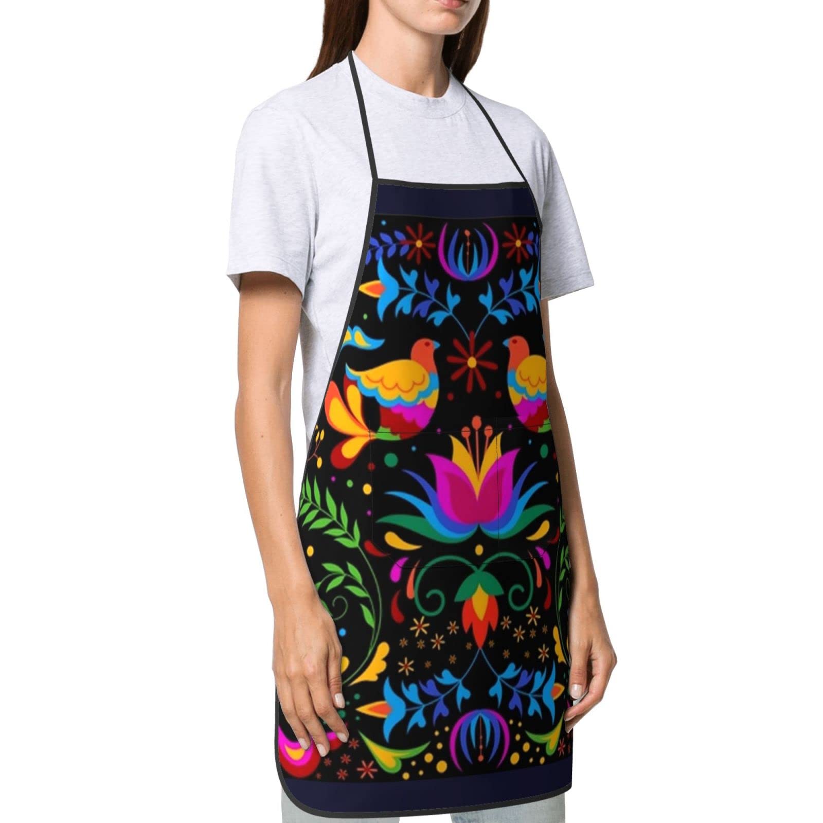 Senheol Day of the Dead apron features vibrant colors with flowers and birds.