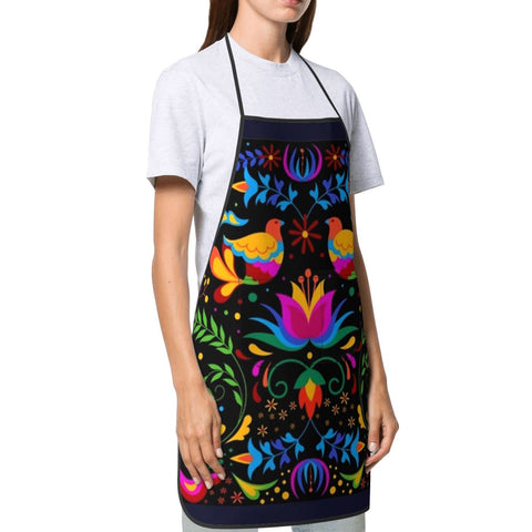 Senheol Day of the Dead apron features vibrant colors with flowers and birds.