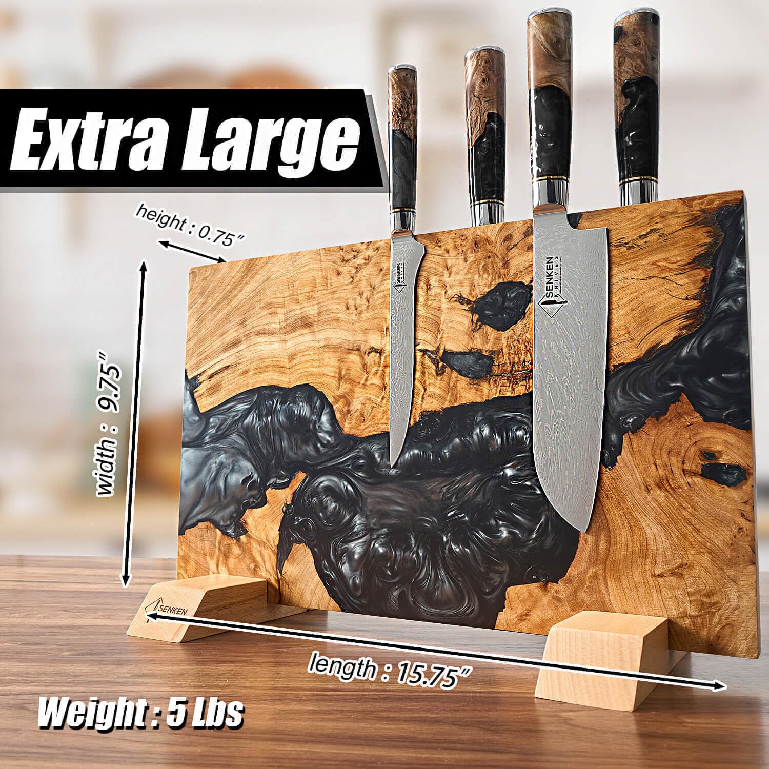 Senken Knives Black Tsunami block acacia wood finish blends natural warmth with modern resin.