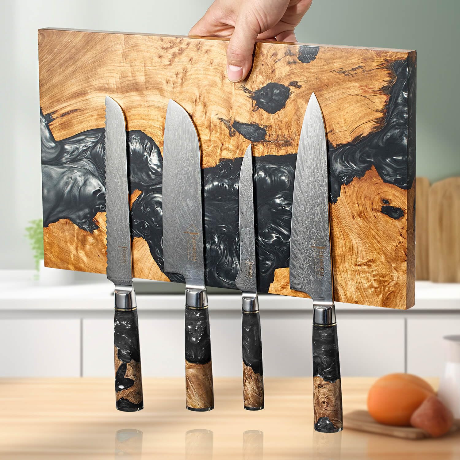 Senken Knives Black Tsunami block beech bases provide stable placement on countertops.