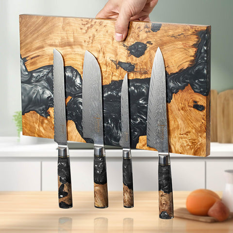 Senken Knives Black Tsunami block beech bases provide stable placement on countertops.