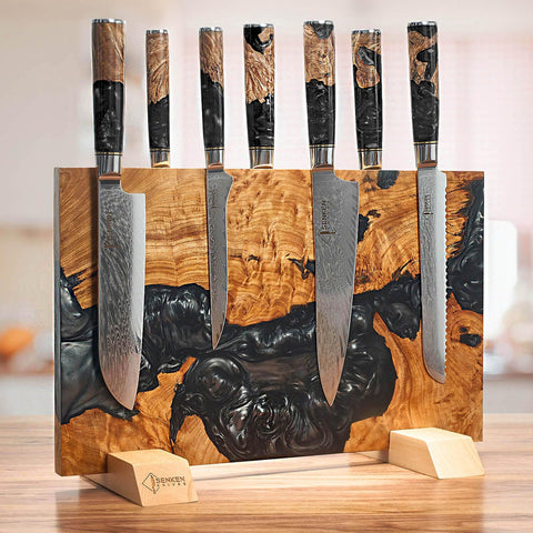 Senken Knives Black Tsunami block sideview with dual magnets securing blades instantly.